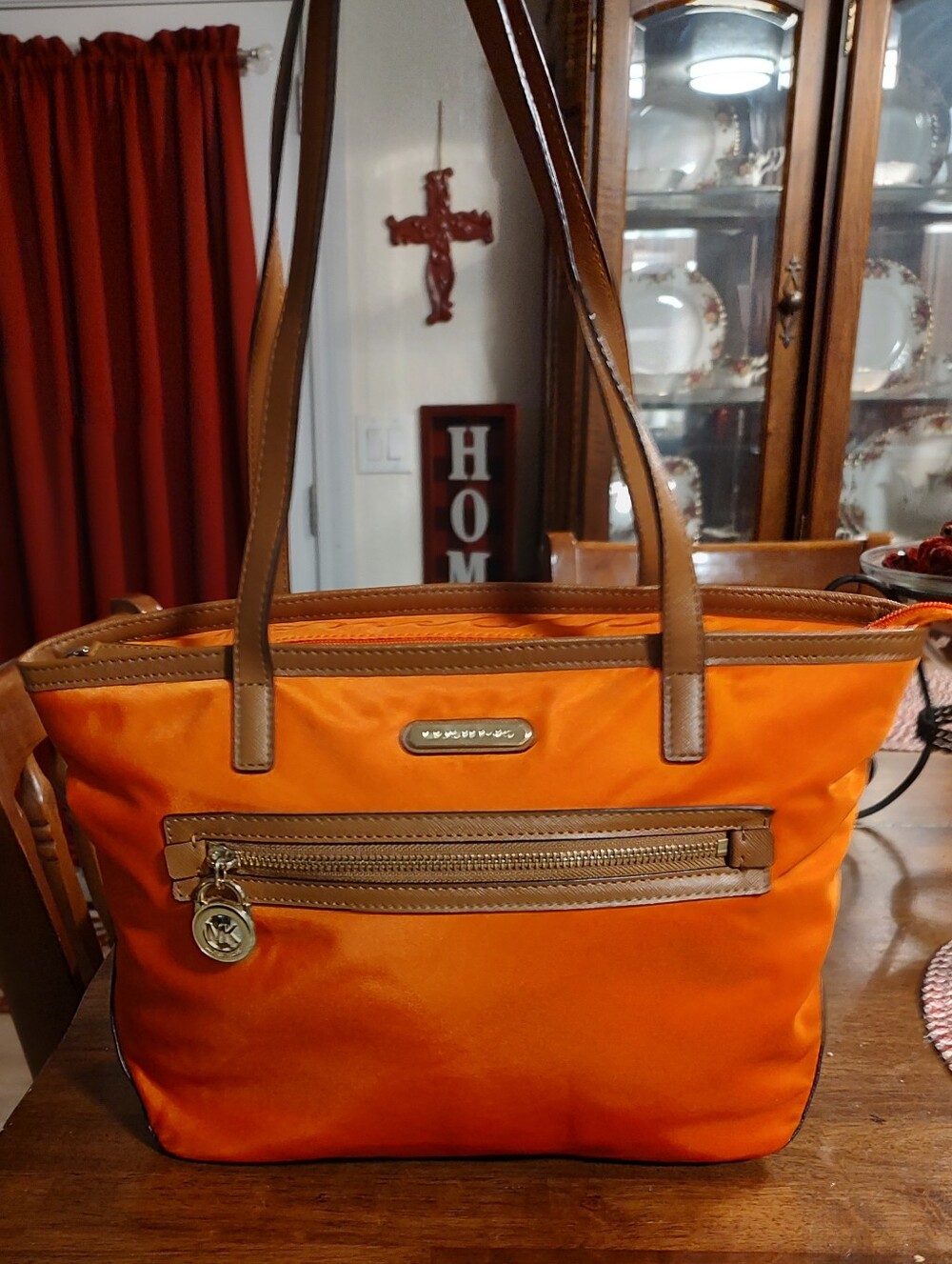 Orange Nylon Tote Handbag with Brown Trim